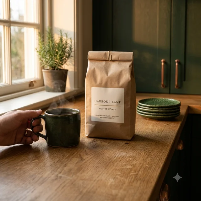Winter Roast on a kitchen counter beside a steaming cup