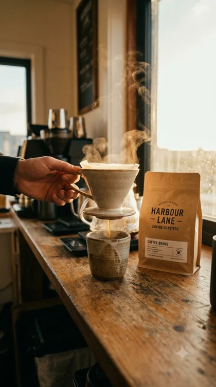 Coffee being poured beside a Harbour Lane bag