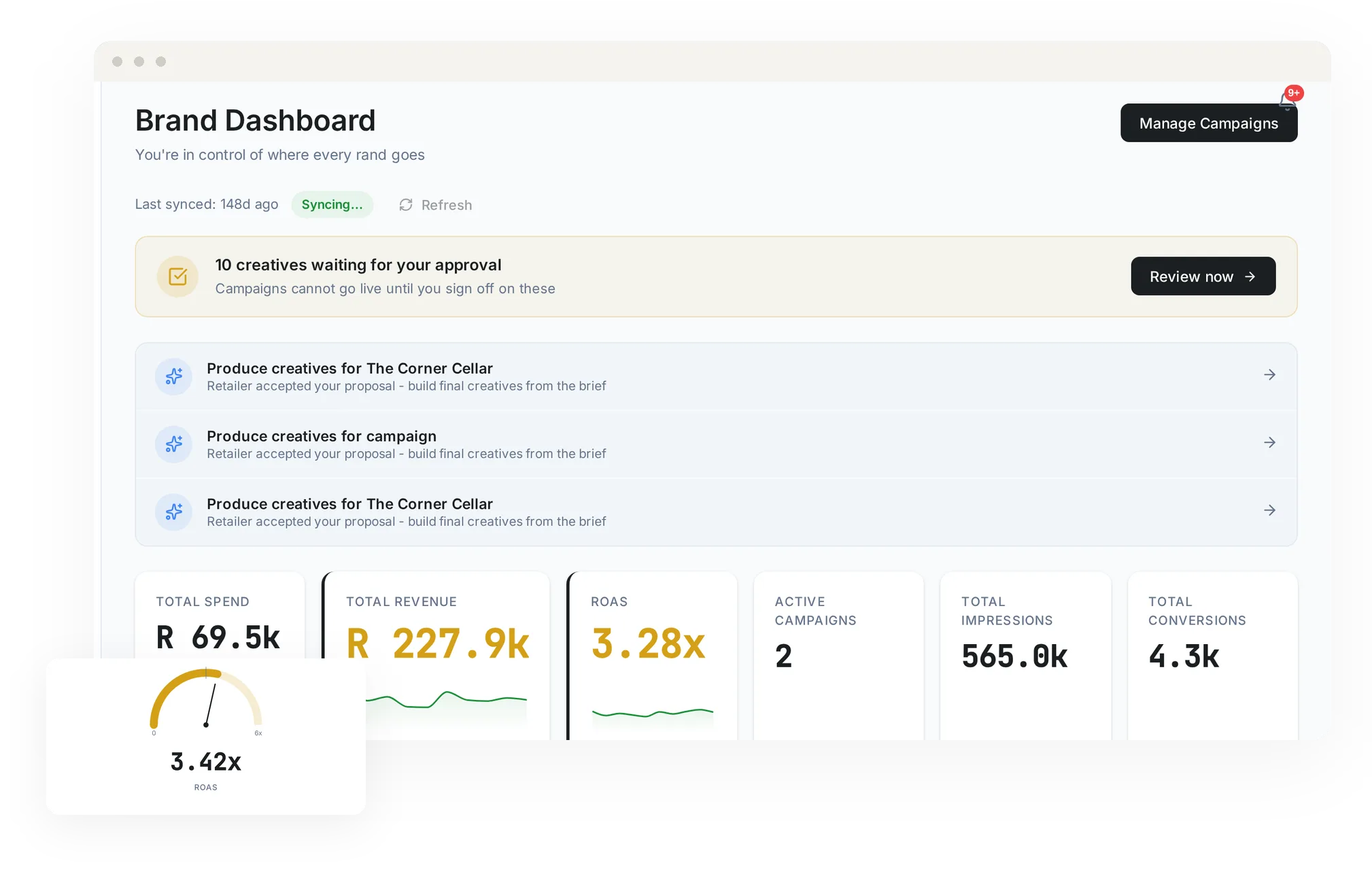 A brand’s campaigns, spend and ROAS in the Reech dashboard